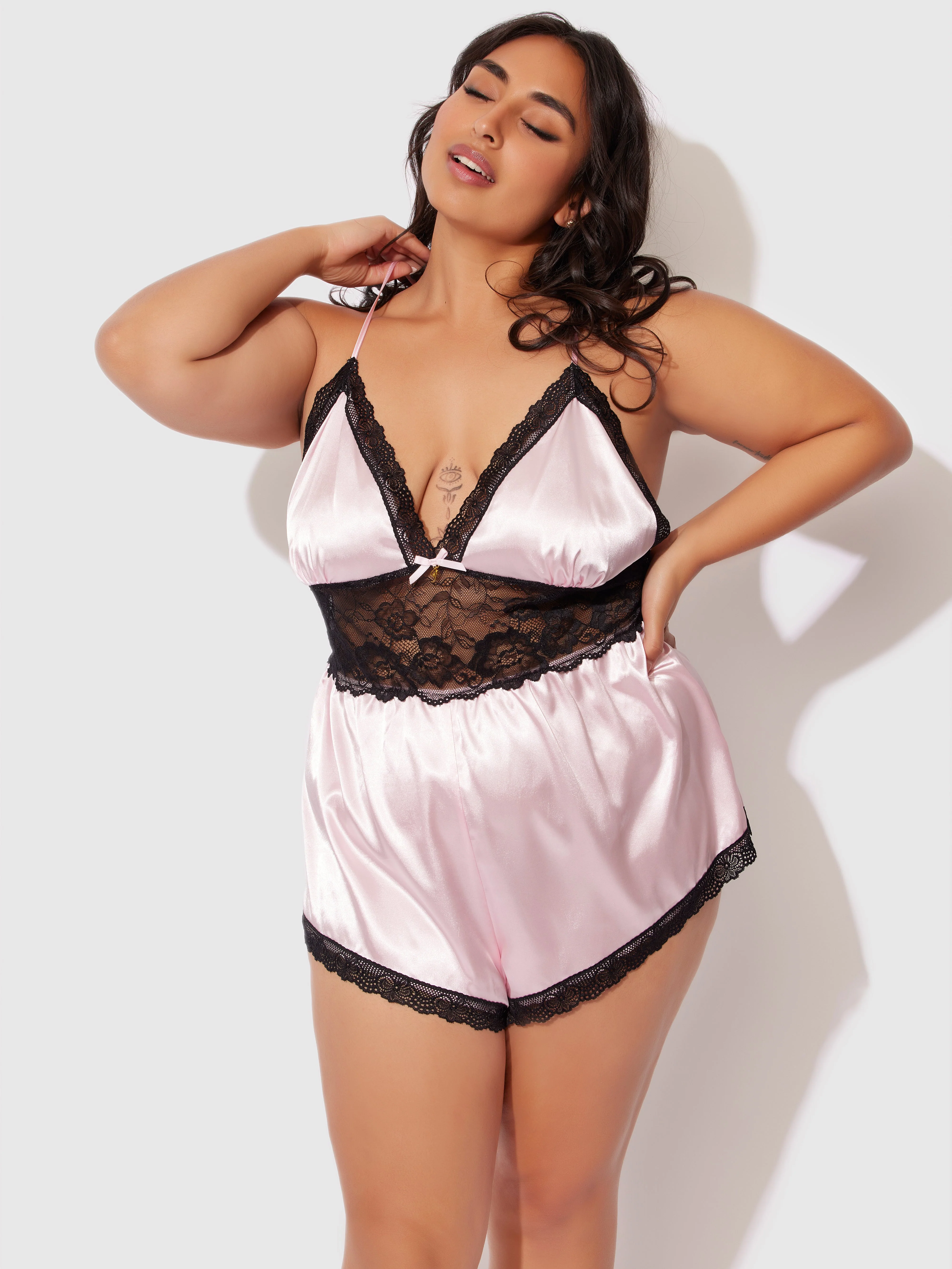 Elisa Satin & Lace Racerback Sleep Romper - Image 5